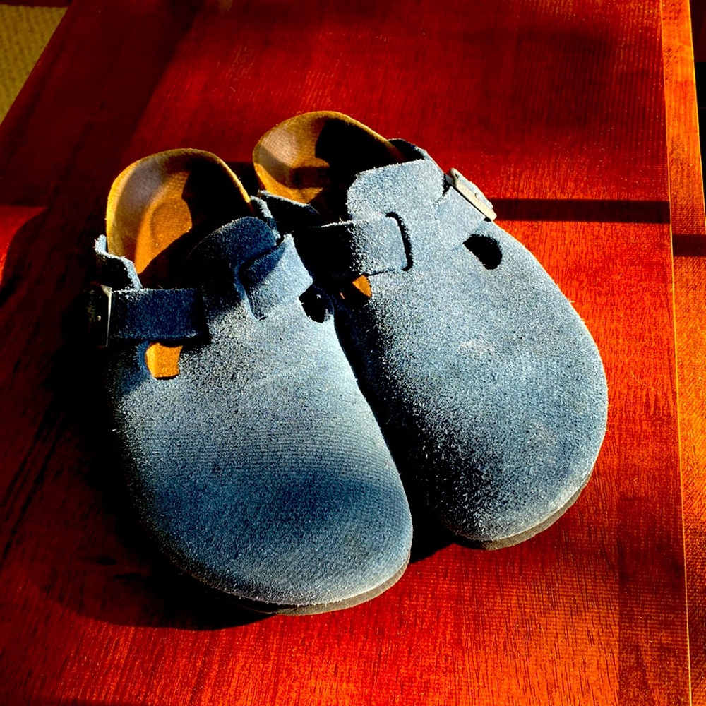Birkenstock blue suede Boston clogs, worn but in good shape, size 38